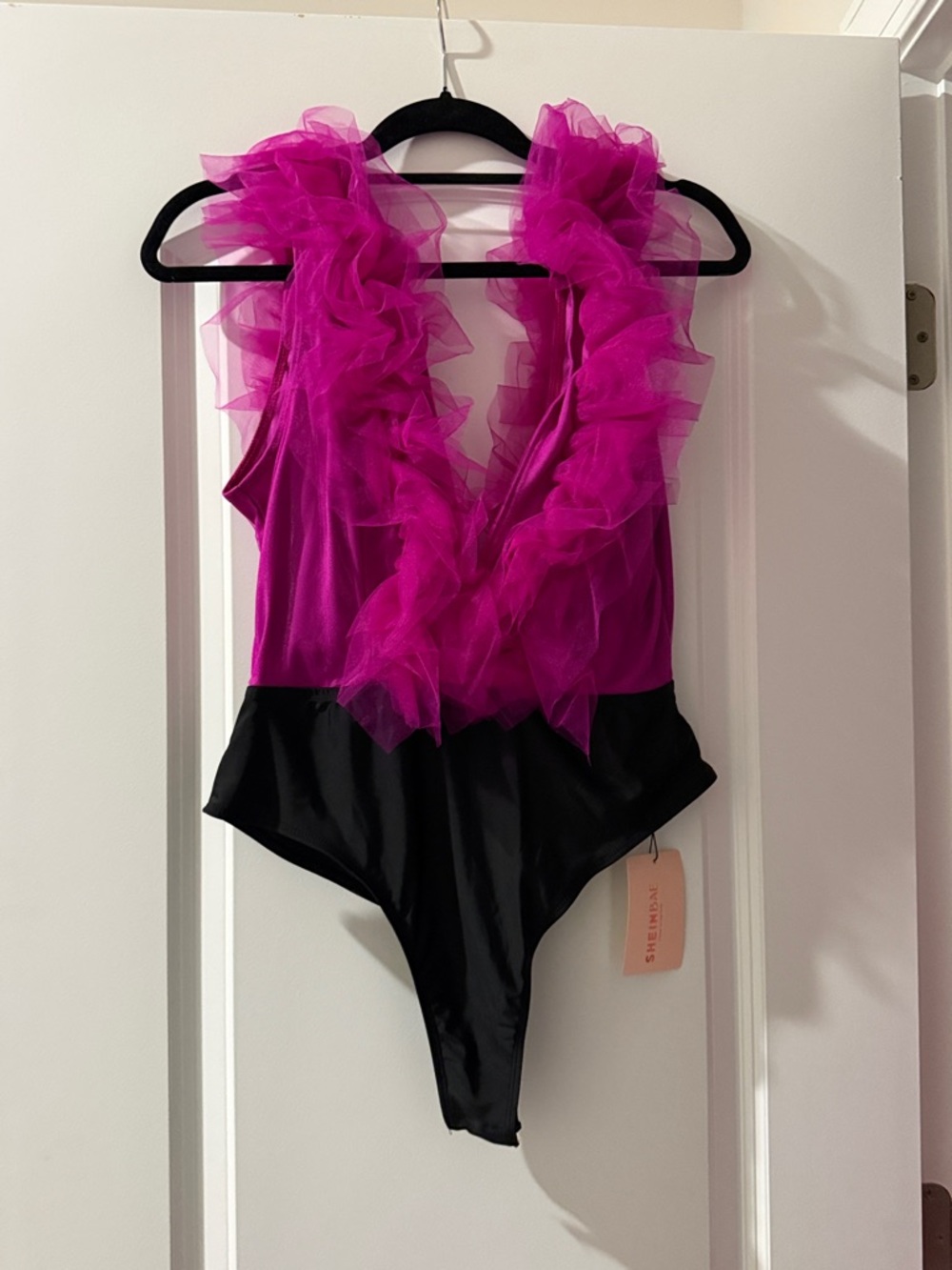 SHEIN Hot Pink and Black Ruffle V-Neck Bodysuit